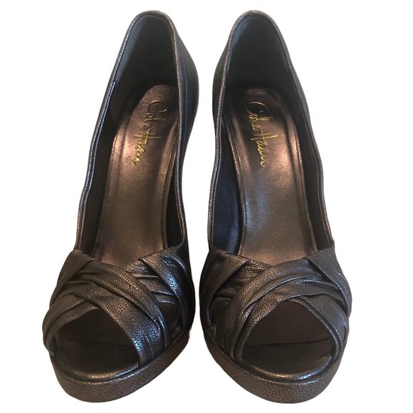 Cole Haan Tonya pewter-colored leather open-toe pumps sz 8 - Picture 2 of 16